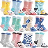 12 Pairs Baby Boys Girls Toddlers Grips Socks Kids Non Skid Anti Slip Cotton Crew Socks
