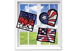 VHALE Suncatchers Craft 3 Sets (9 Cutouts) w Tissue Papers Stained Glass Effect Paper Sun Catcher Kit, Window Art, Classroom Crafts, Creative Art Projects, Kids Party Favors (Patriotic)
