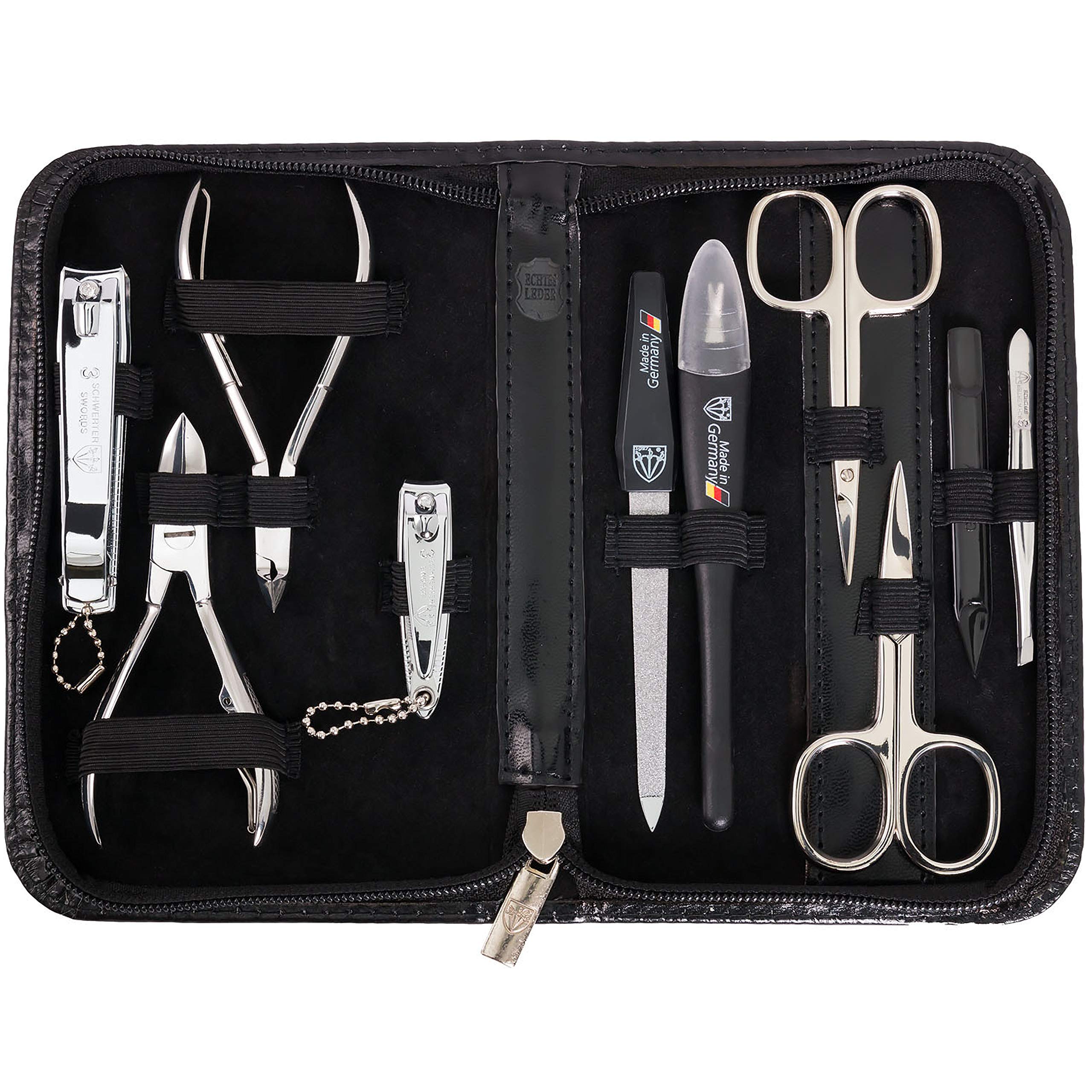 3 Swords Germany - brand quality 10 piece manicure pedicure grooming kit set for professional finger & toe nail care scissors clipper genuine leather case black in gift box, Made by 3 Swords
