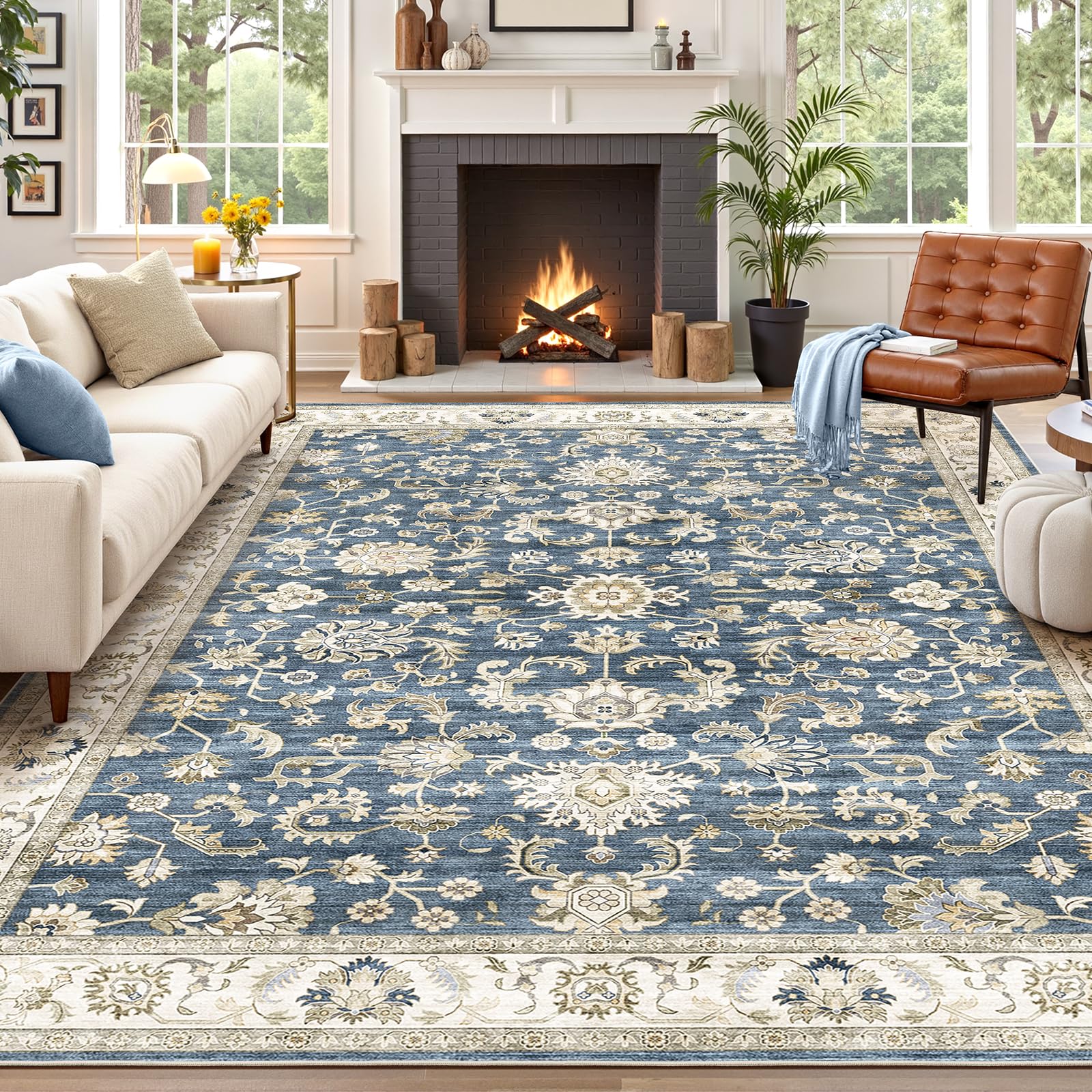 Photo 1 of WITSHOCK 10x12 Area Rugs for Living Room: Machine Washable Non Slip Vintage Carpet - Low Pile Lightweight Print Rug for Bedroom Dining Room - Stain Resistant for Household - Pet Owners (Blue)