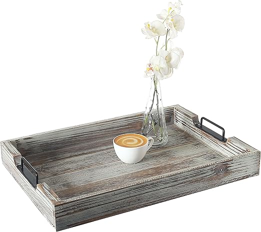 Serving Tray With Handle Coffee Table Accessories Torched Wood 20 Inch Serving Tray Large Ottoman Tray Vintage Rustic Wooden Serving Tray Durable Metal Handle Stands