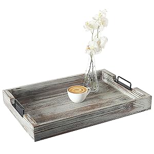 Distressed Torched Wood 20-Inch Serving Tray with Modern Black Metal Handles