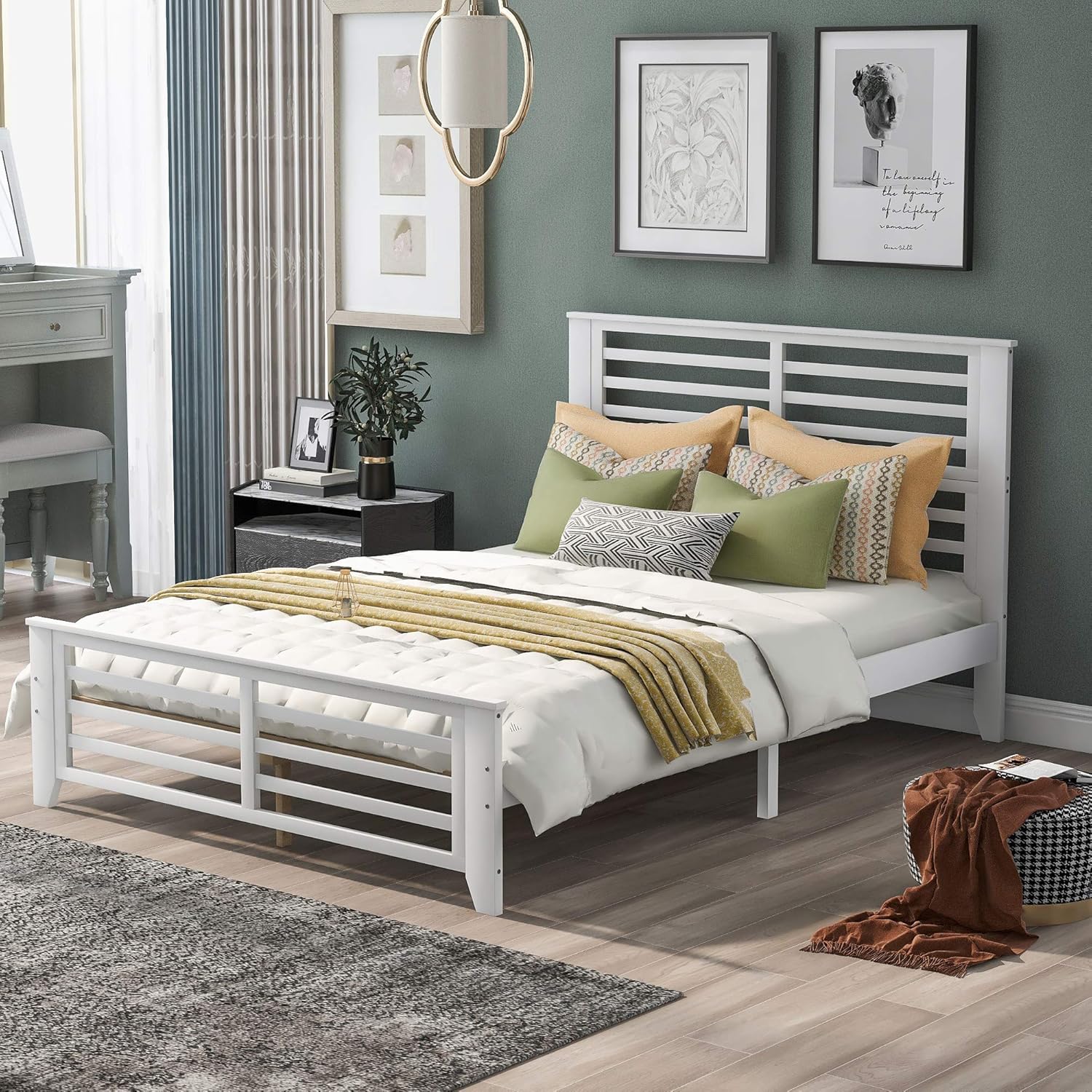Amazon Com Lz Leisure Zone Platform Bed Wooden Bed Frame With Horizontal Strip Hollow Shape Headboard And Footboard And Center Support Feet White Full Kitchen Dining