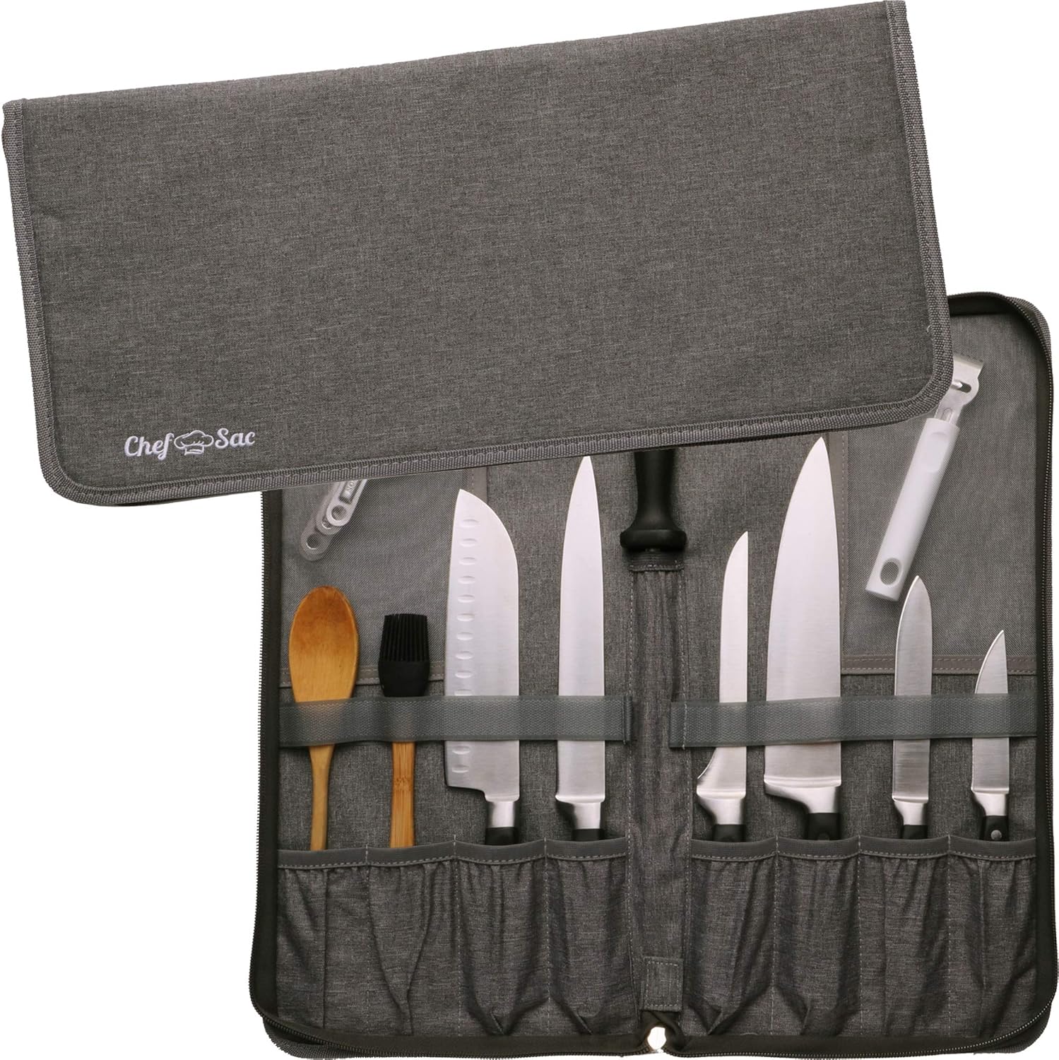 Chef Knife Bag Travel Folder Extended Knife Case | 8 Pockets for Knives, Kitchen Tools & Camp Accessories | Special Slot for Honing Rod | Durable Knife Holder for Chefs & Culinary Students (Grey): Kitchen & Dining