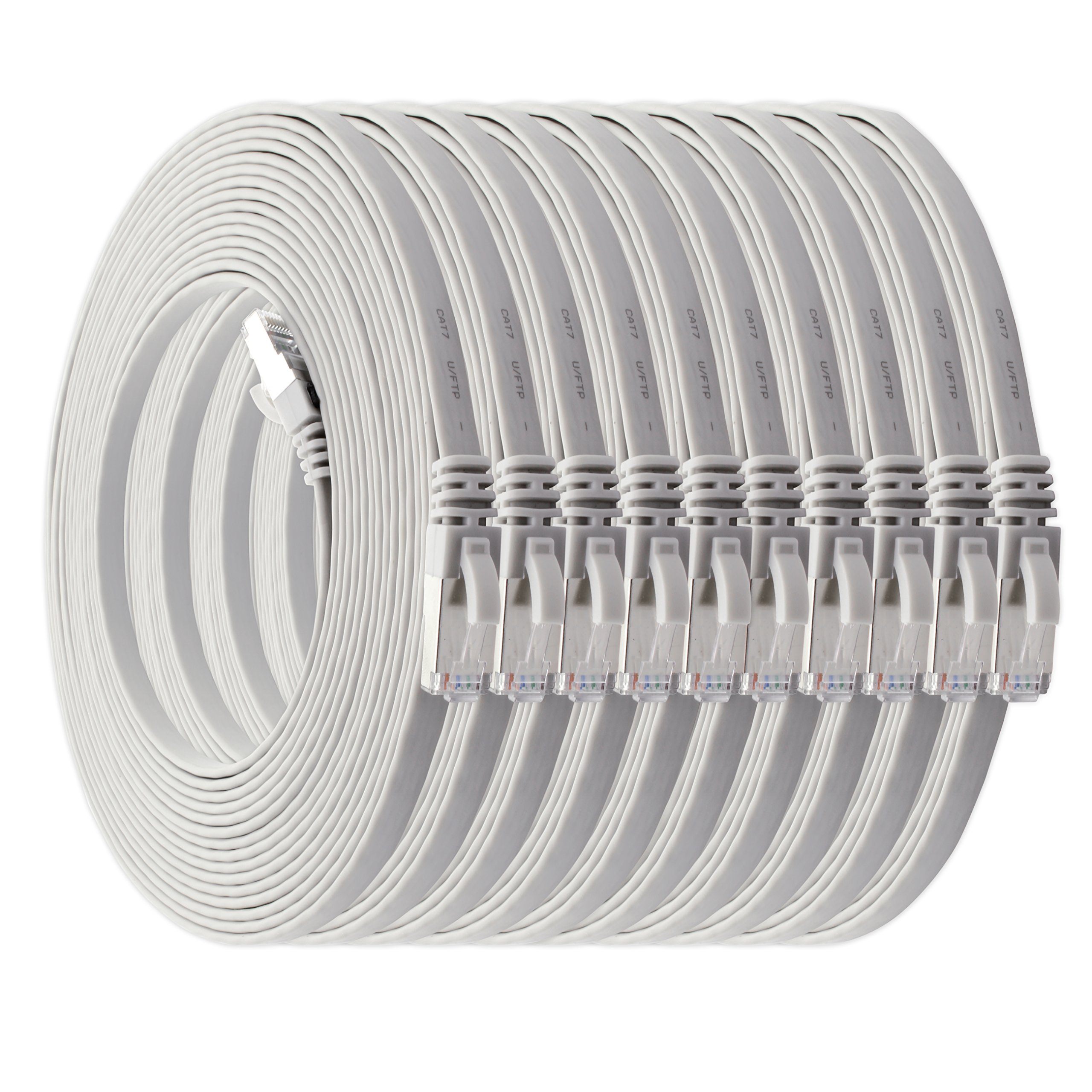 1aTTack.de 7.5 m - white - pack of 10 Cat7 flat cable network cable Cat 7 raw cable Gigabit Lan (10Gbit/s) ribbon cable installation cable patch cable flat slim Rj 45 plug Cat6a