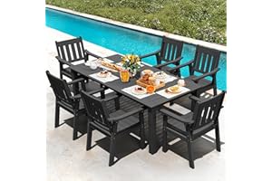 YEFU HIPS Patio Table Set: 7 Piece Outdoor Table and Chairs Dining Furniture Set with Umbrella Hole - Black Modern Plastic Dining Sets 6 Person for Outside Deck with Metal Aluminum Frame