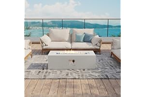 UPHA 42-inch Outdoor Propane Gas Fire Pit Table 50000 BTU Concrete Rectangle FirePit for Outside Patio with Blue Glass Rocks, Rain Cover, White