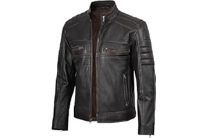 fjackets Cafe Racer Leather Jacket Men - Real Lambskin Natural Grain Leather Moto Style Jackets For Mens