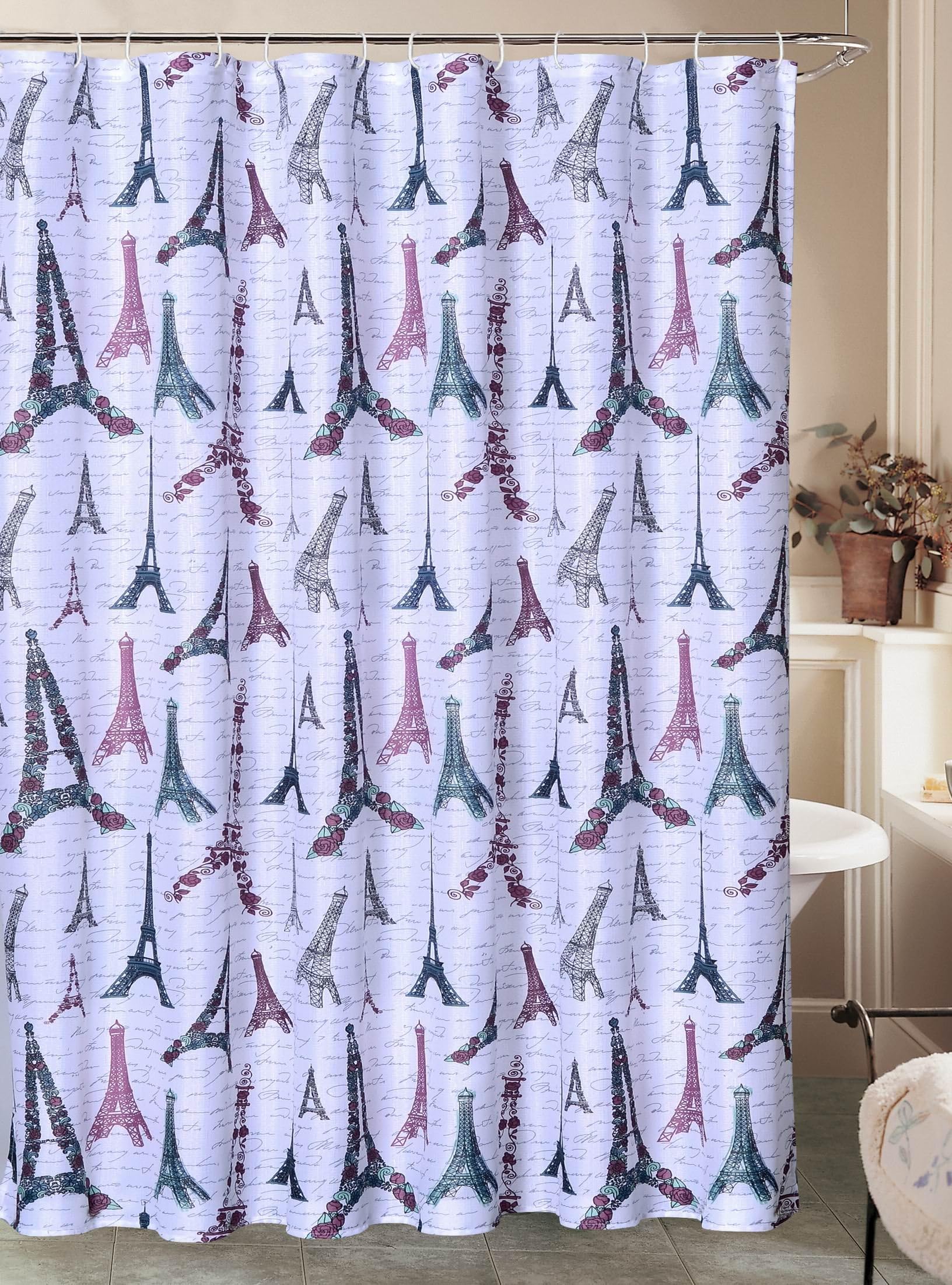 Xavier Studios "Merci (Eiffel Tower)" Printed Canvas Shower Curtain 70"x72" with 12 Beaded Metal Hooks