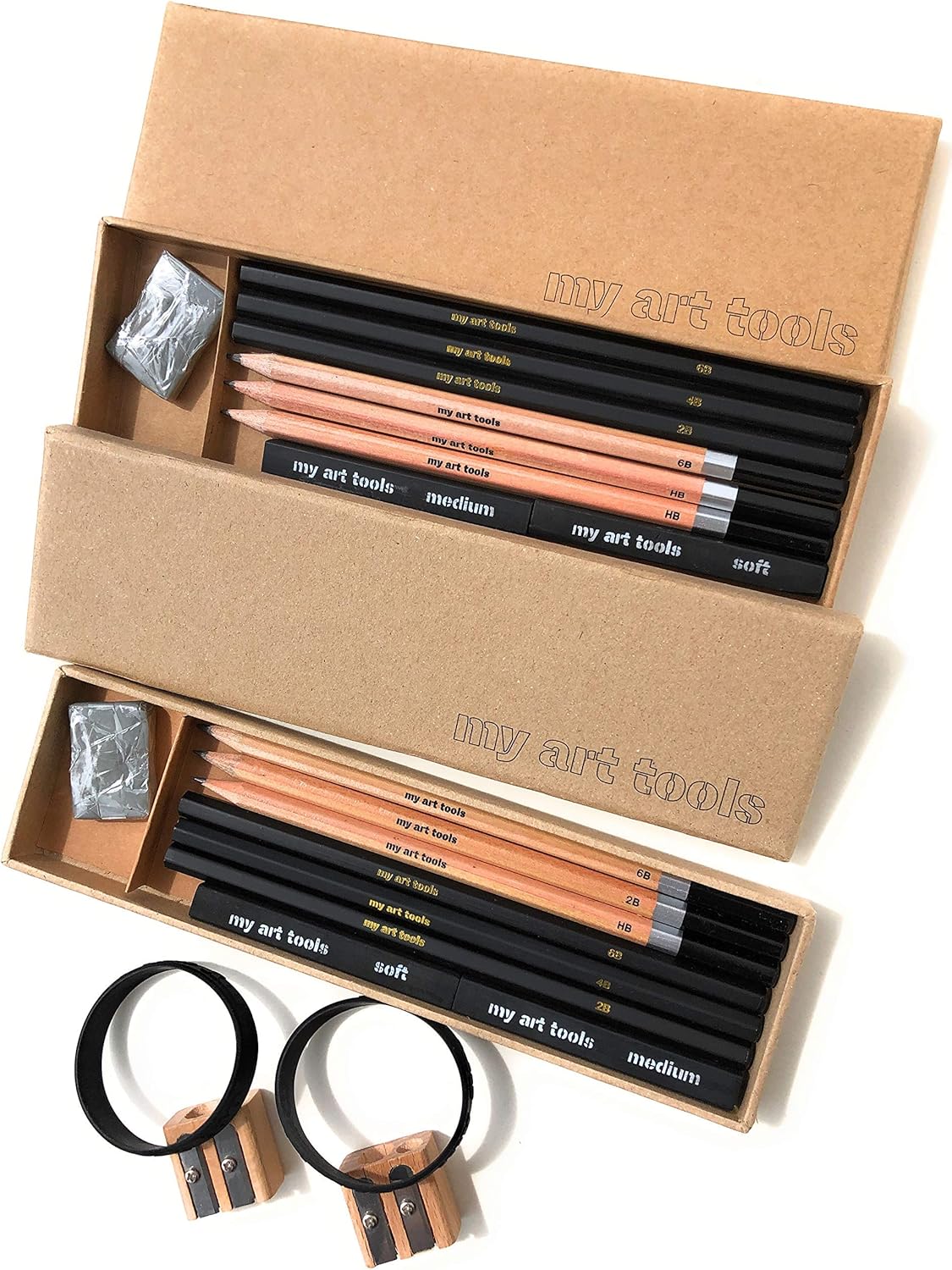 MY ART TOOLS Pencils Sets for drawing and sketching, 10 Pieces EACH kit-Perfect for any aspiring artist-Include Graphite and Charcoal pencils, Compressed Sticks and Sharpener, in 2 non plastic boxes : Office Products