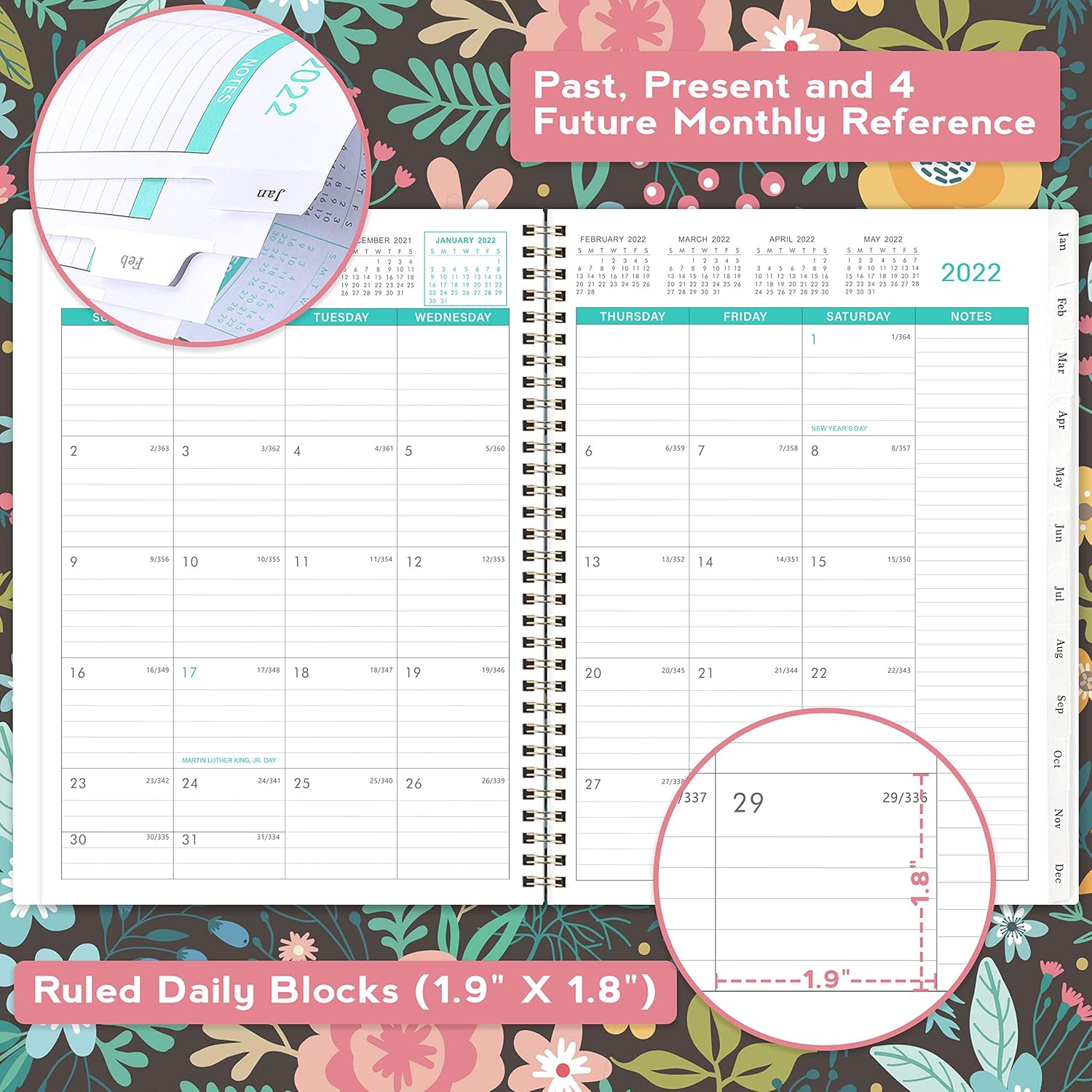 2021-2022 Monthly Planner - 18-Month Planner with Tabs & Pocket, Contacts and Passwords, 8.5" x 11", Thick Paper, Jul. 2021 - Dec. 2022, Twin-Wire Binding - Black Floral : Office Products
