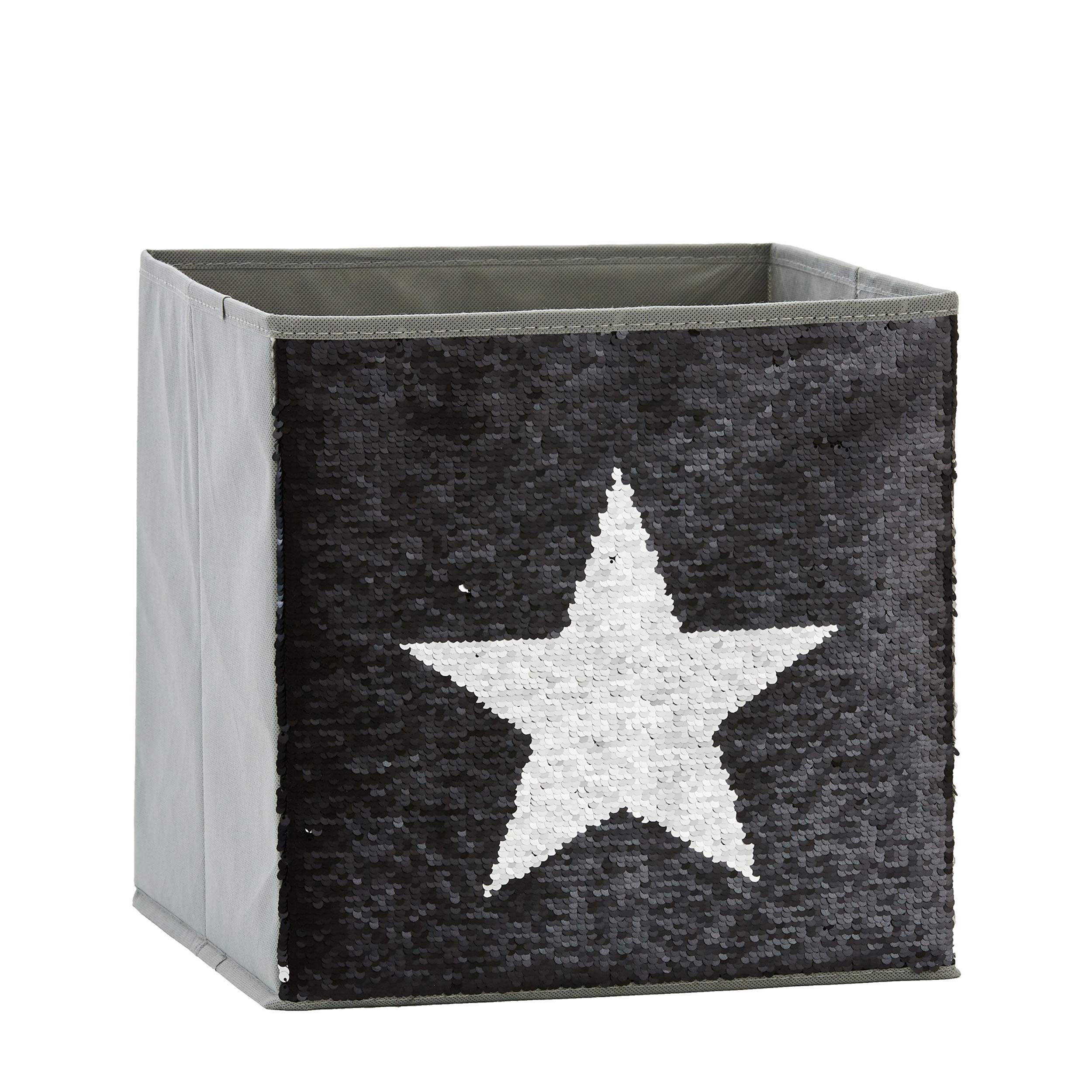 LOVE IT STORE IT Children's Storage Box - Toy Box with Reversible Sequins - Reinforced with Cardboard - Grey with Star in Black or Silver - 32 x 32 x 32 cm