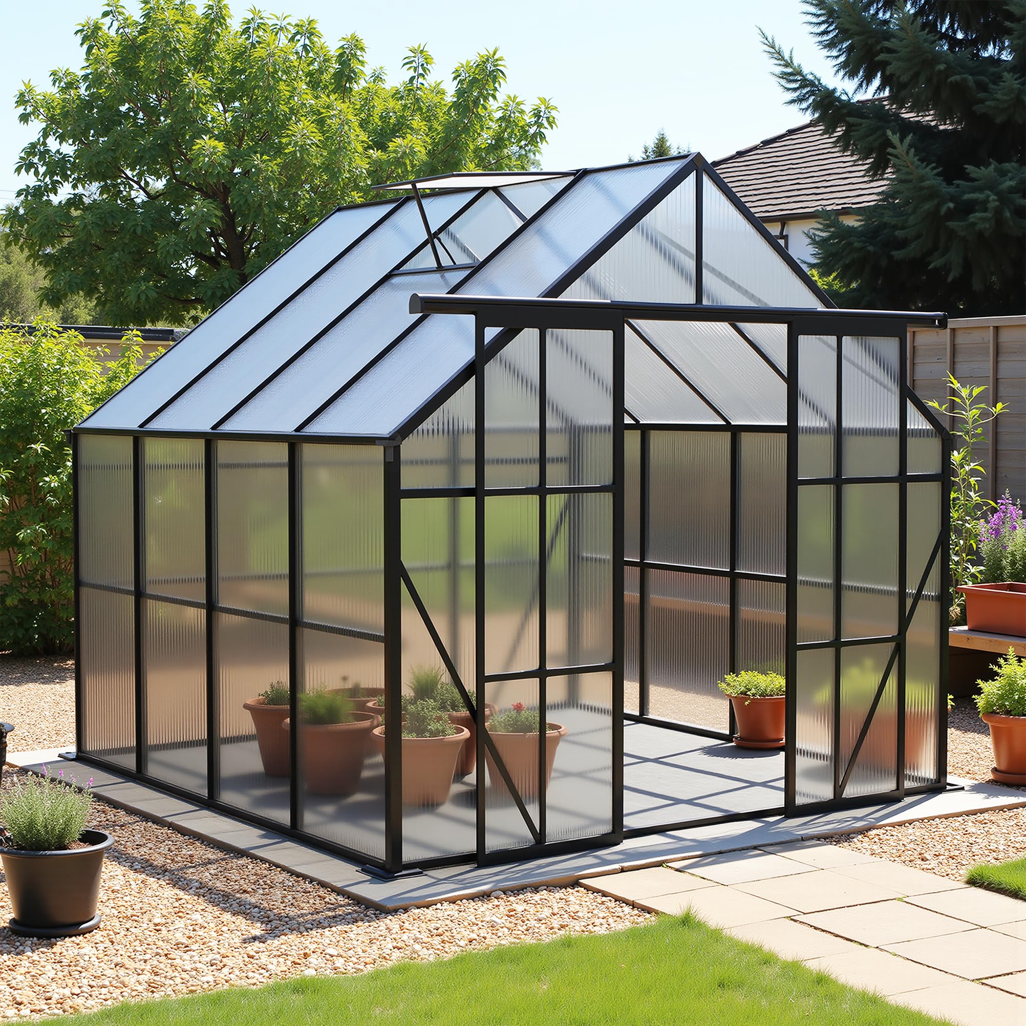 Photo 1 of **PARTIAL SET. ONLY THE FRAME// SELLING FOR PARTS**Osparple 8x8 FT Greenhouse for Outdoors, Walk-in Backyard Greenhouses Double Door, Polycarbonate Green Houses for Outside with Raised Base and Anchor Aluminum, Black