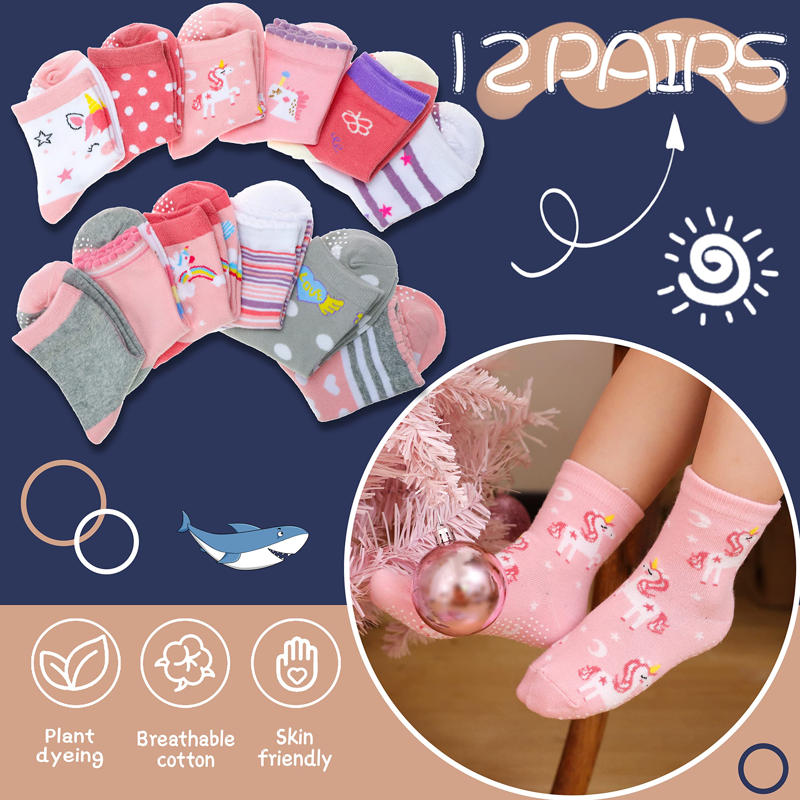 ANTSANG Baby Girls Toddlers Grips Socks Kids Non Slip/Anti Skid Unicorn Striped Crew Cotton Gift Socks