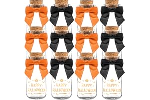 Ethisa 12 Pack Halloween Glass Jars with Ribbons and Stickers - Candy Party Favors for Trick or Treat - Halloween Party Favors and Table Centerpieces Decorations - Sturdy Halloween Theme Potion Jars