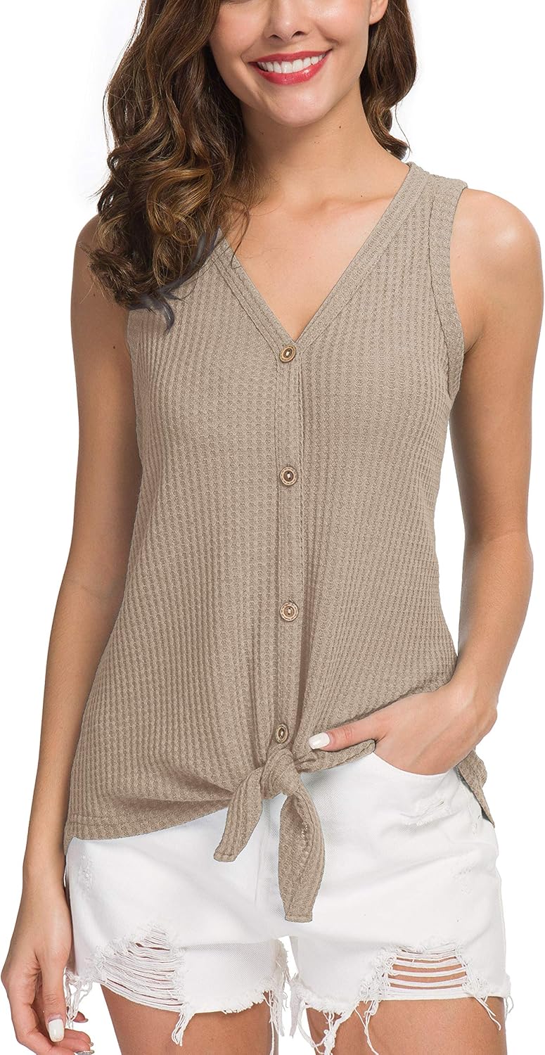 IWOLLENCE Womens Waffle Knit Tunic Blouse Tie Knot Henley Tops Loose Fitting Plain Shirts at  Women’s Clothing store