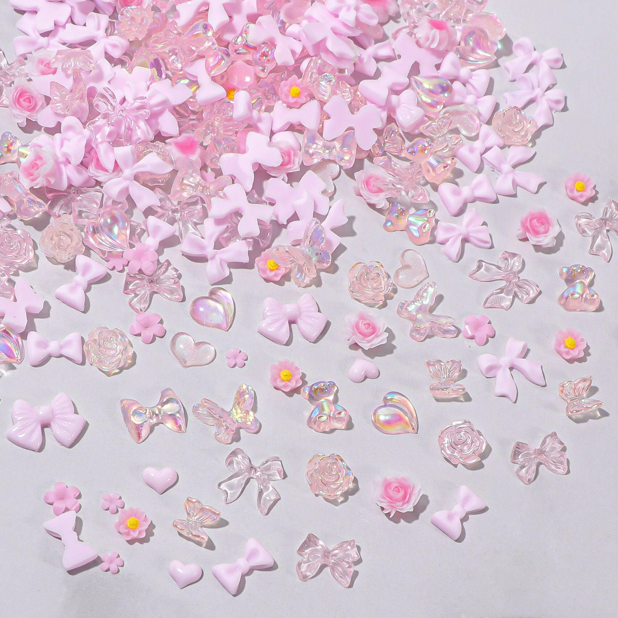 3D Nail Charms,400PCS Multi Shapes Flower Flower Bow Bear Moon Heart Nail Art Charms Nail Rhinestones Charms,Resin Nail Charms for Nail Art Decorations DIY Crafts Jewelry Accessories (Pink)