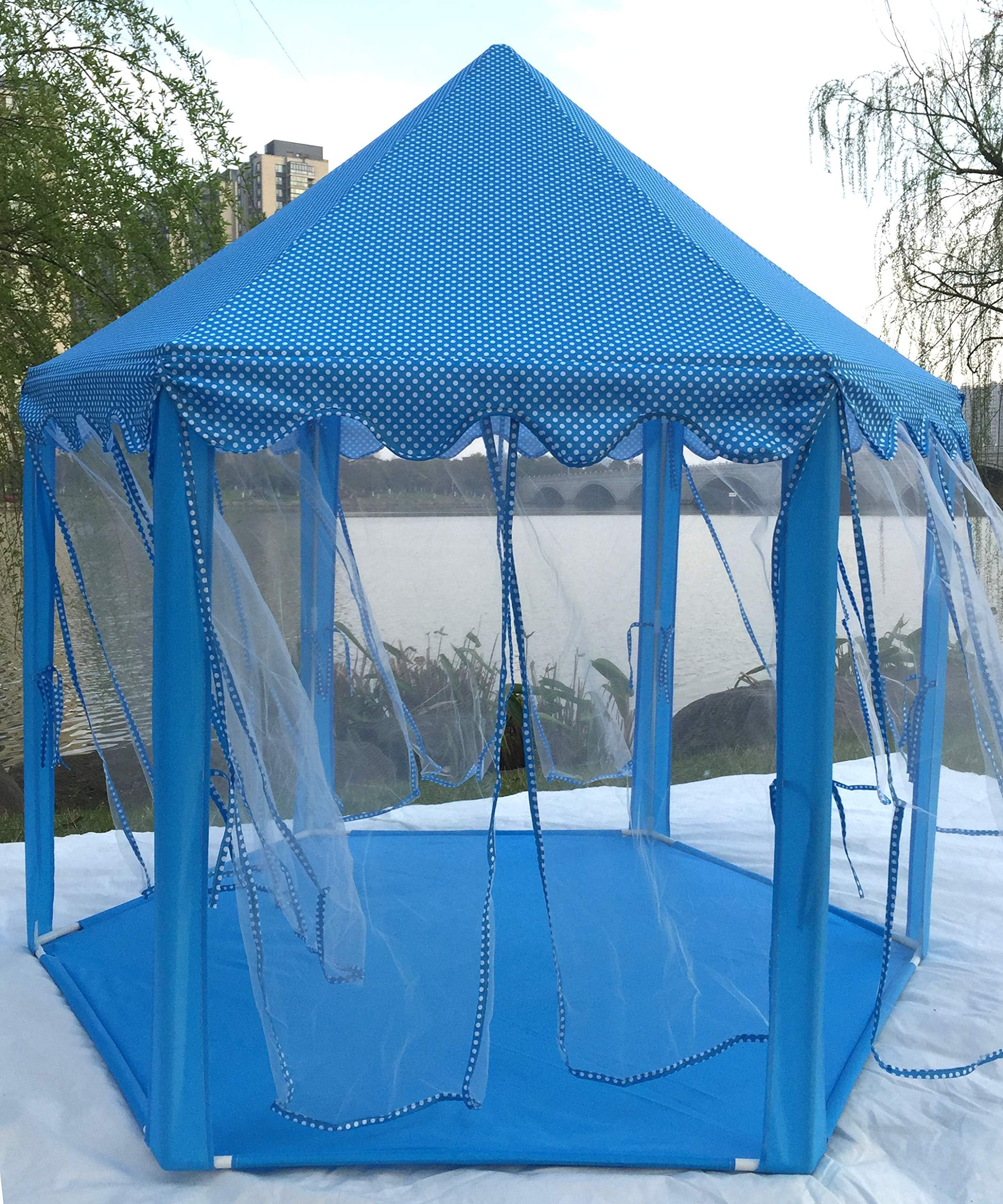 Hexagon Castle Play Tent with Aluminum Alloy Columns and Plain Sheers and 33ft 100 LED Diodes AA Battery Powered Brass Wire Lights (Blue)