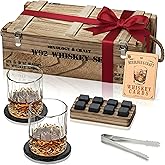 Mixology & Craft Whiskey Set Gifts - 2 Crystal Glass, 8 Granite Chilling Ice Cubes & Slate Coasters | Perfect Stones Gift Set for Whiskey Lovers