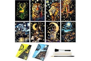 VTEAS 8-Sheet Glow in the Dark Scratch Art Rainbow Painting Paper Kit | Engraving Craft Night View Scratchboard for Teens and Adults | DIY Creative Sketching Card | ASMR Stress Relief (Castles/Animals A5)