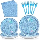 96 PCS Blue Party Supplies 350 GSM Holographic Rainbow Blue Plates and Napkins Tableware Set Iridescent Blue Party Decorations for Winter Birthday Party Wedding Anniversary Bridal Baby Shower Serve 24