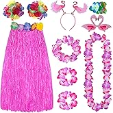 Watayo 8 Pcs/Set 31" Hawaiian Grass Skirt Flowers Costume for Women, Summer Luau Party Outfits Grass Skirt with Bikini Sunglasses Garland Bracelet Hairclip Headband for Beach Party Accessories