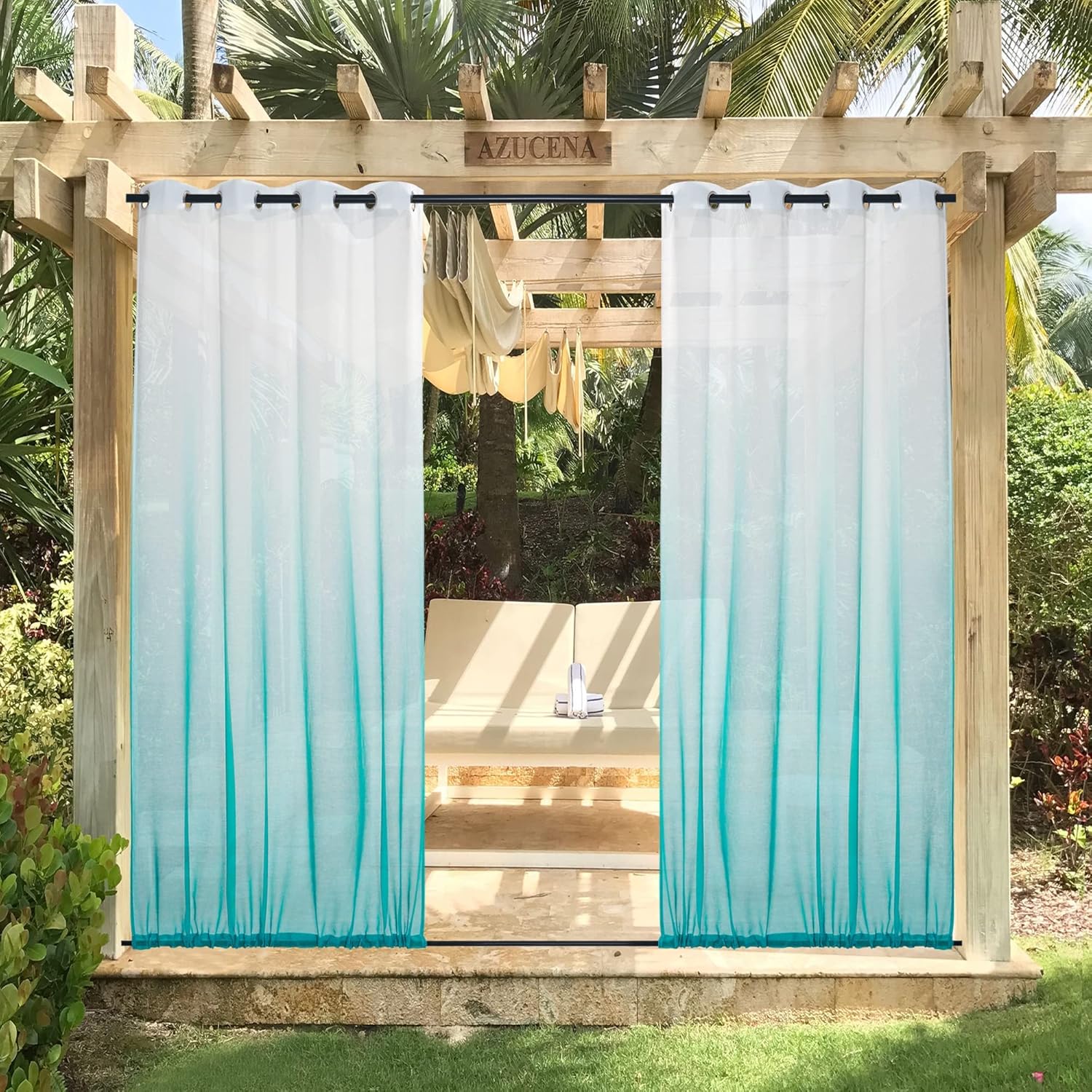 Outdoor Curtains - NICETOWN 2 Panels Waterproof Ombre Sheer Outdoor Curtains for Patio, Stainless Steel Grommet Airy Linen Sheer Drapes for Pool/Beach, Turquoise, W54 x L108