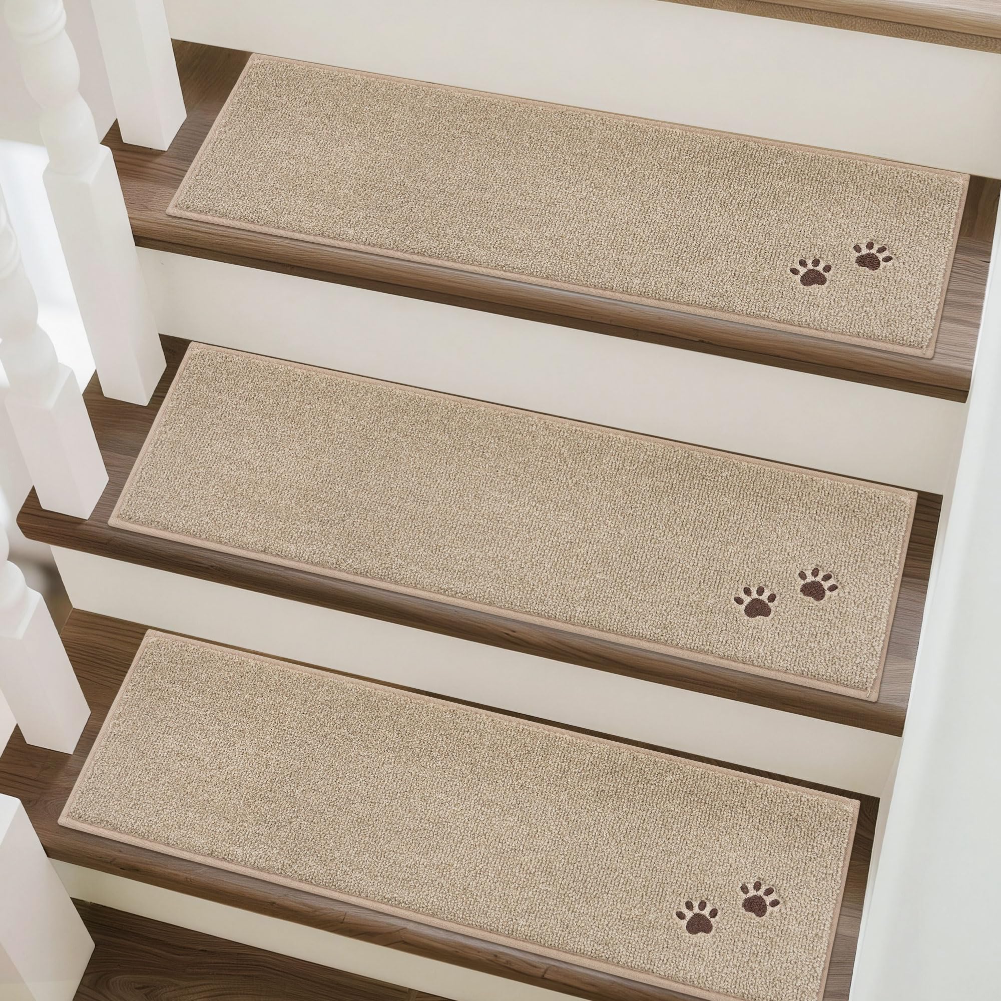 BEQHAUSE Stair Treads, 4 pcs Non Slip Stair Treads, 22x70 cm Stairs Carpet Tread Washable Machine for Kids Elders and Pets 100% Polyester, Beige