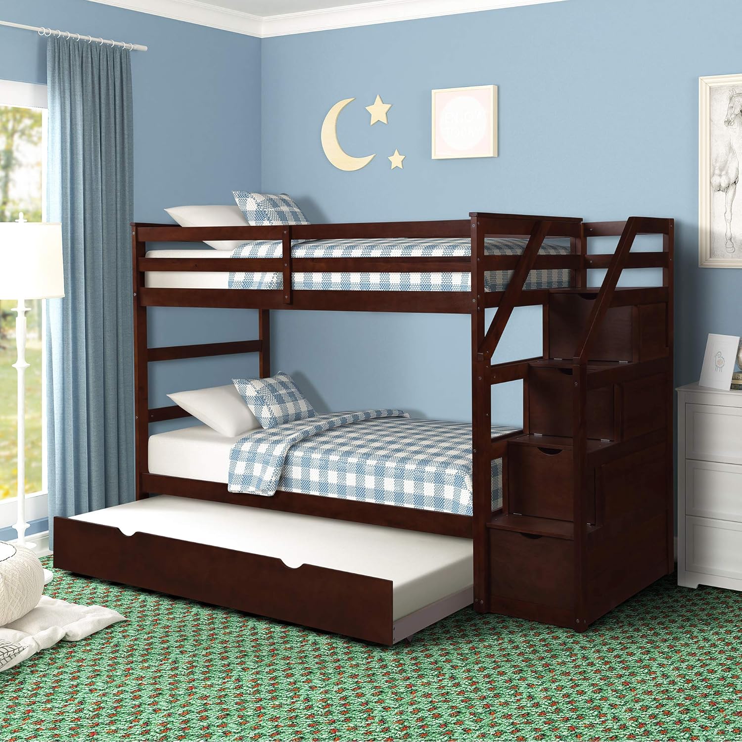 Bunk Bed TwinOverTwin, Wood Twin Bunk Bed for Kids with Trundle with Storage