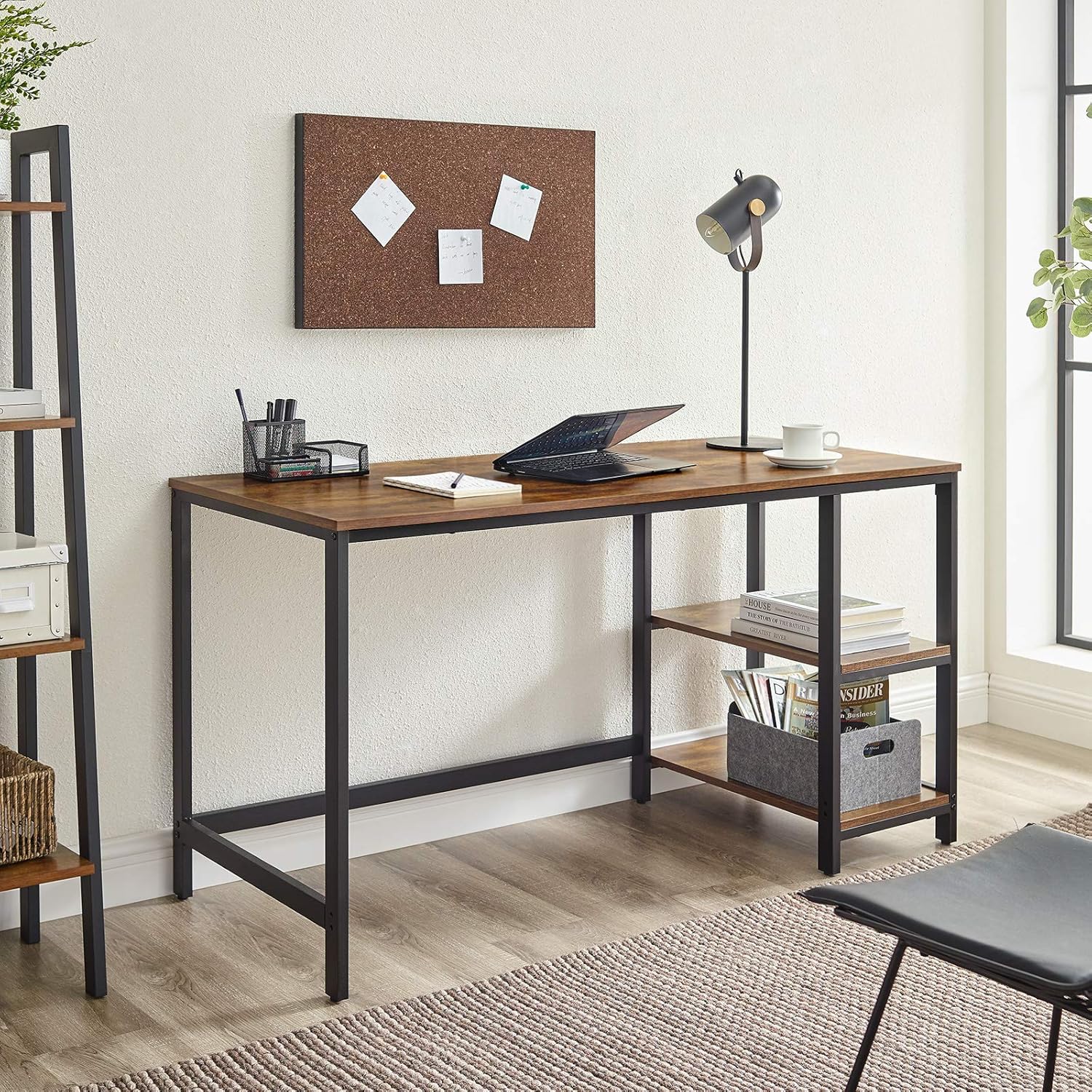 VASAGLE Computer Desk, 55-Inch Writing Desk, with 2 Shelves on Left or Right, Stable Steel Frame, Easy Assembly, Rustic Brown and Black ULWD55X: Home & Kitchen