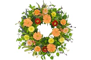 KORSMV Spring Summer Wreath for Front Door Daisy Wreath with Yellow Daisy,Lavender,Tea Leaves for Indoor Outdoor Farmhouse Porch Wall Holiday Window Decoration
