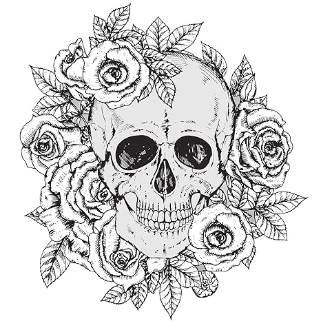 Divine Designs Black And White Pencil Sketch Skull With Pretty Roses Vinyl Decal Sticker 4 Tall