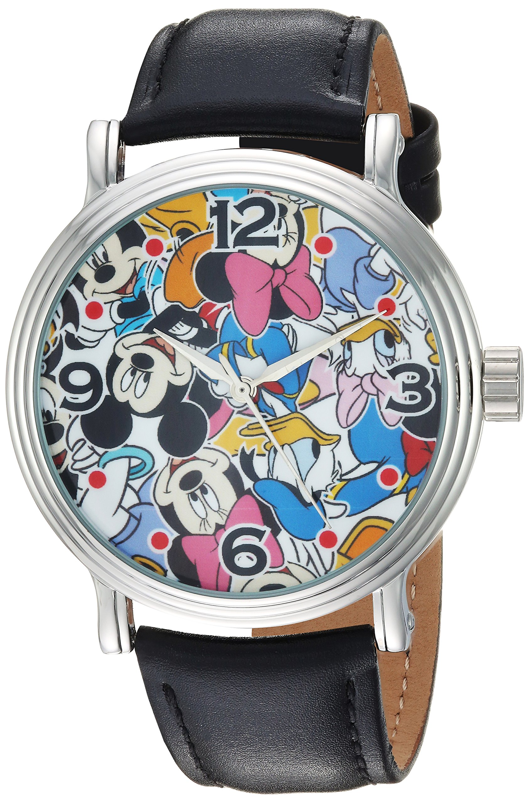 Full Color Classic Mickey and Minnie Mouse Watch for Men – Iconic Mickey and Minnie Mouse Watches for Men – Stylish Mickey & Minnie Watch with Silver Dial & Black Leather Bracelet Image