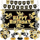 Dragon Birthday Party Decorations Black Gold Dragon Knight Party Supplies with Birthday Banner Backdrop Honeycomb Topper Hanging Swirls Balloons for Kids Dragon Decor