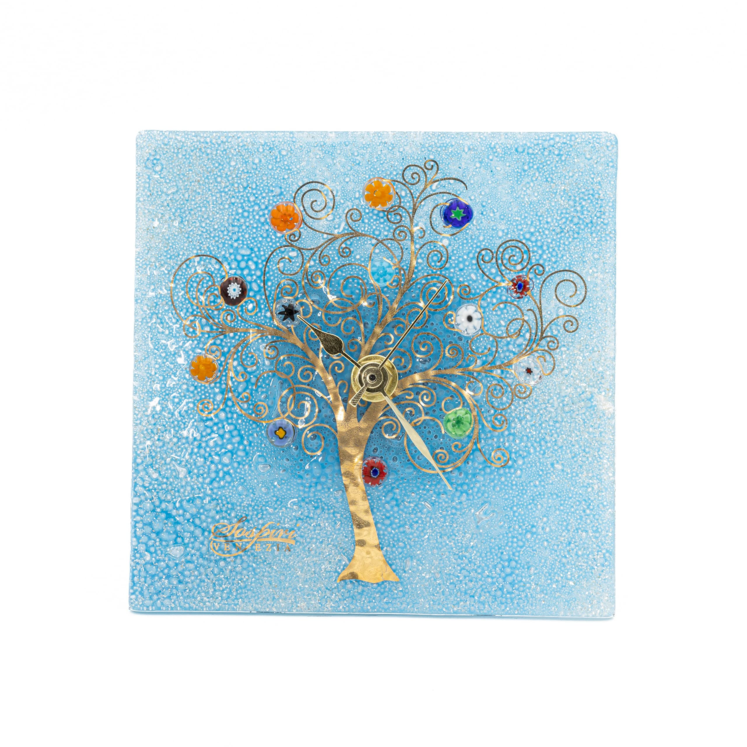Sospiri Venezia Table Clock Murano Glass Silent Mechanism Decorated with Murrines and Gold Leaf Gift Handmade Made in Italy (19x19)