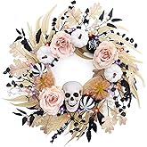 Valery Madelyn 18 Inch Halloween Wreath for Front Door with Lights, Pre-Lit Fall White Pumpkin Skull Wreath Pink Roses Halloween Decorations for Home Porch Table Centerpiece Party Holiday Autumn Decor