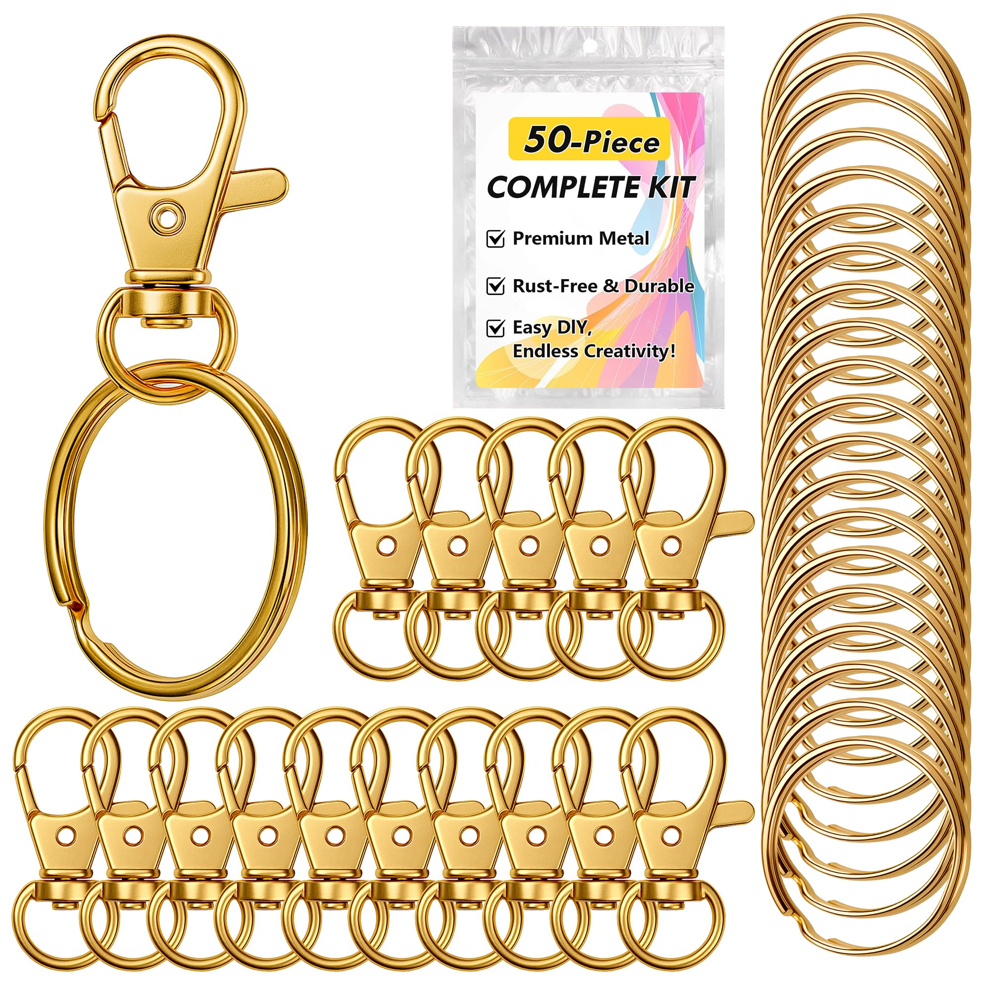Photo 1 of Gold Keychain Making Kit 50PCS – 25 Lobster Claw Clasps & 25 Key Rings, DIY Jewelry Craft Accessories for Handmade Projects