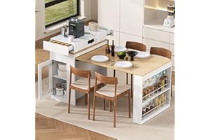 Extendable Kitchen Island, Rolling Dining Table with Glass Door Cabinet, Hidden Drawers & Shelves, Folding Drop-Leaf Sideboar
