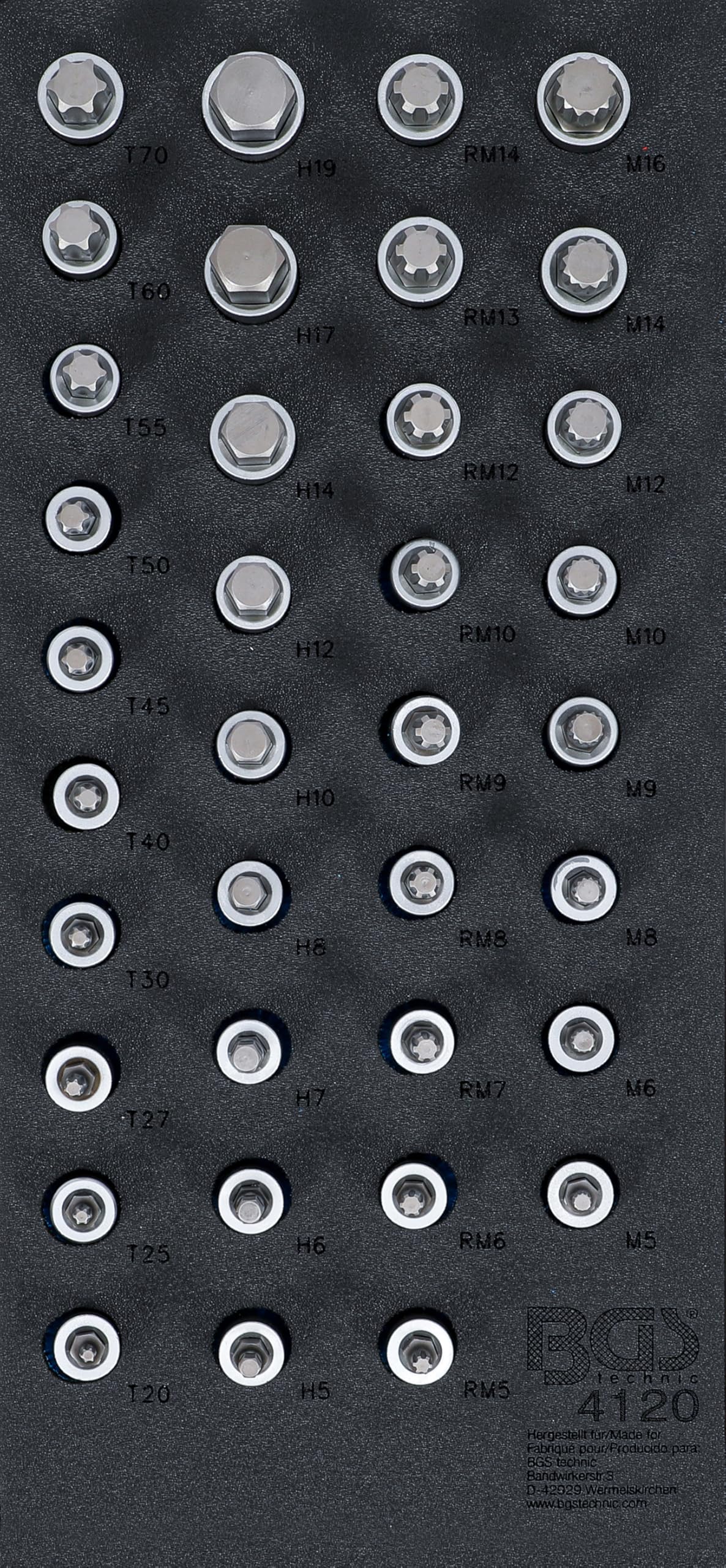 BGS 4120 | Tool Tray 1/3: Bit Socket Set | 12.5 mm (1/2") | internal hexagon, T-Star (for Torx), Spline (for XZN), Spline (for RIBE) | 36 pcs.