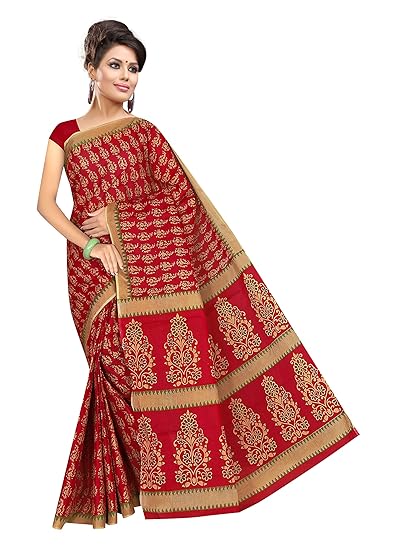 Women Rich Red 100% Pure Cotton Printed Sarees With Blouse