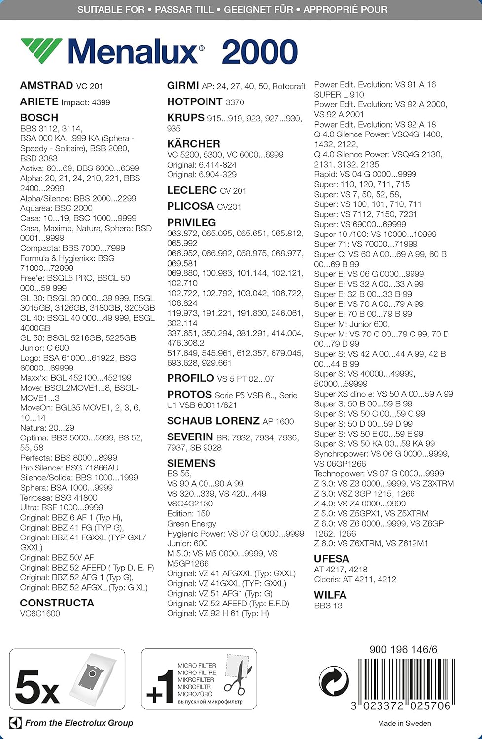 Menalux 2000 Pack of 5 Synthetic Material Dustbags and 1 Micro Filter ...