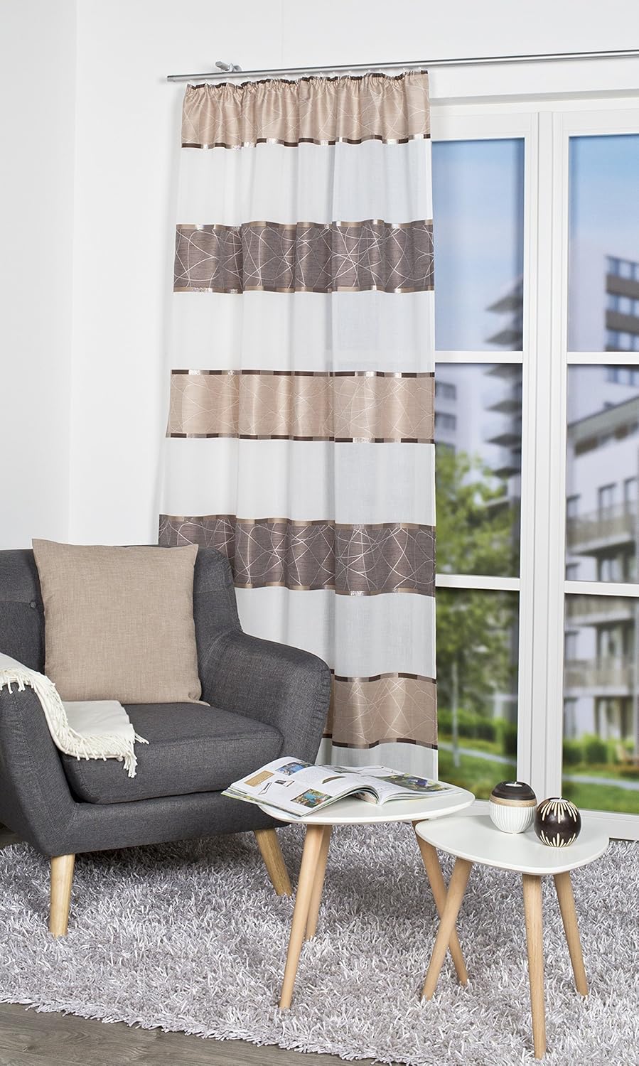 Home Fashion Loop-Top Curtain with Horizontal Stripes 245 x 140 cm Polyester Including, Cappuccino - Image 3