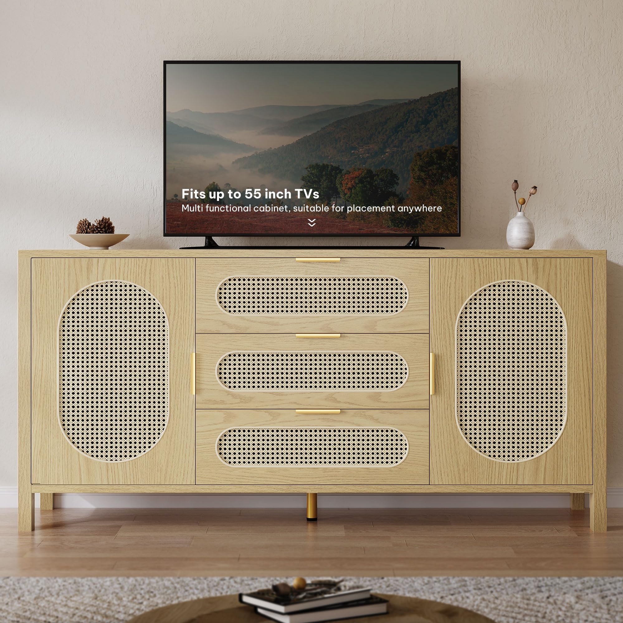 Photo 1 of DWVO TV Stand 3 Drawer Dressers Storage Cabinet Natural Rattan Oak Wooden Chest with Golden Handles - Modern Large Closet Boho for Living Room/Hallway/Entryway