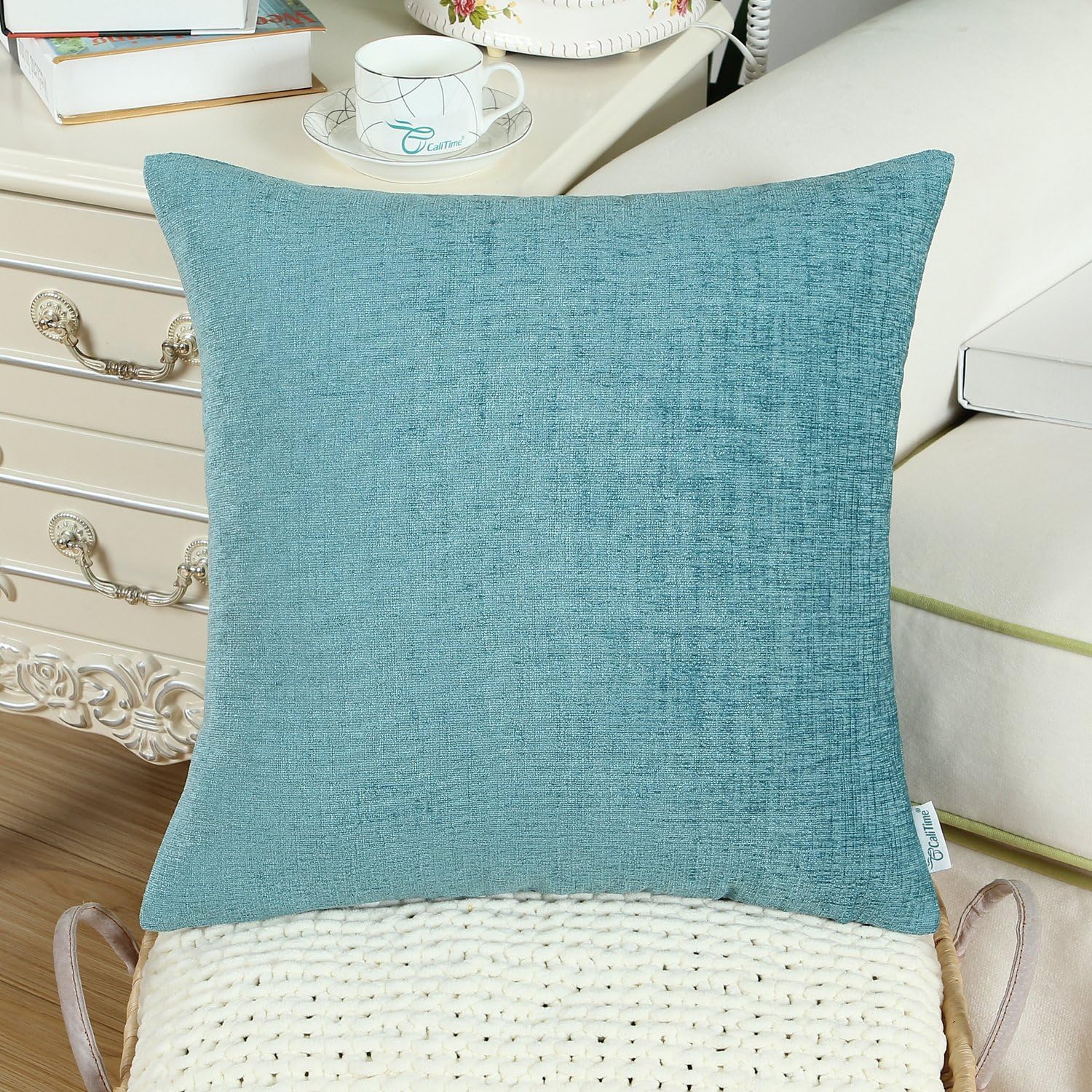 CaliTime Pack of 2 Cozy Throw Pillow Covers Cases for Couch Sofa Home Decoration Solid Dyed Soft Chenille 18 X 18 Inches Teal: Home & Kitchen