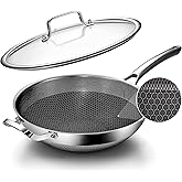 FGJ Wok pan,12 inch Hybrid Wok with Lid,PFOA Free Cookware,Non Stick Stainless Steel Woks & Stir-fry pans Nonstick, Dishwasher and Oven Safe, Works on Induction