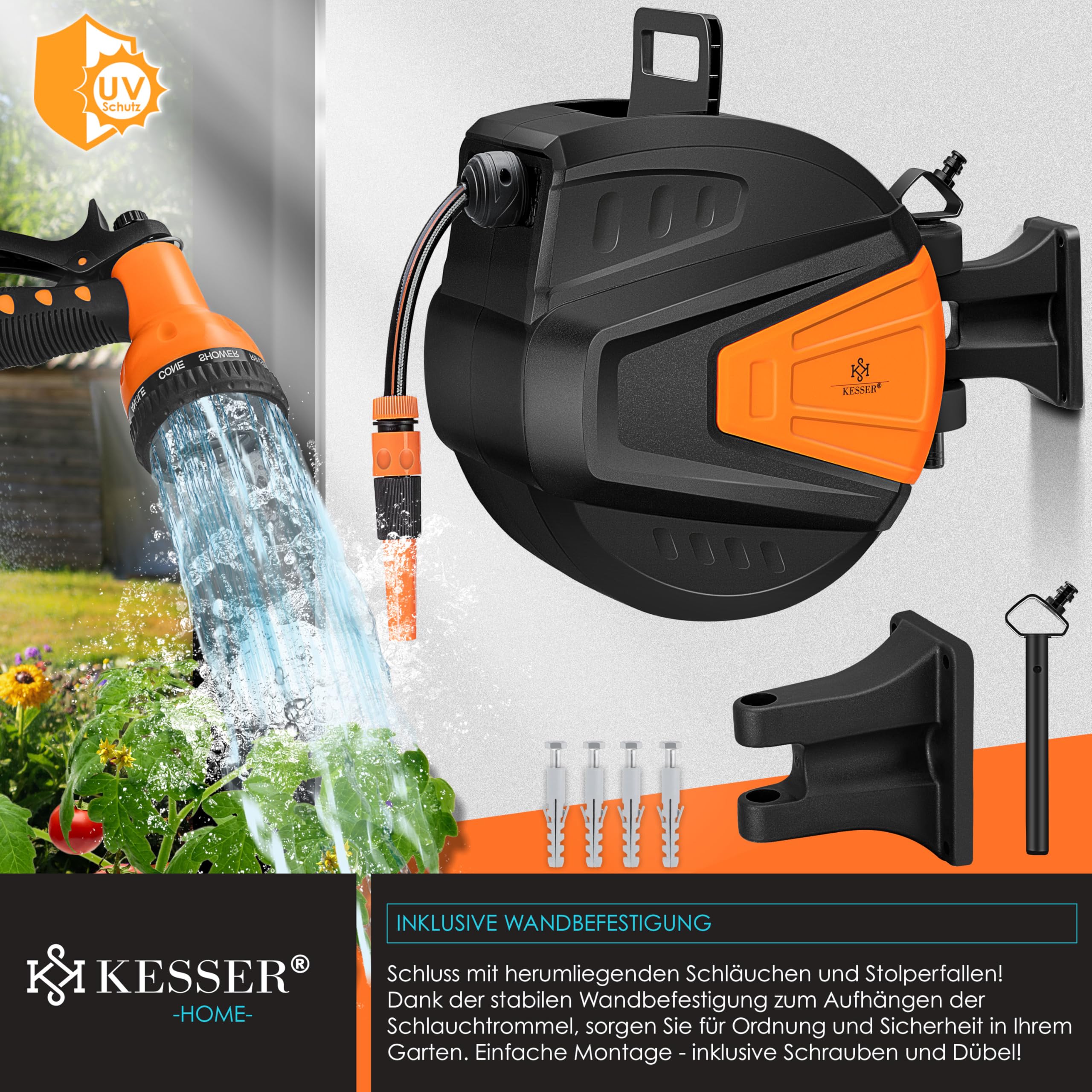 KESSER® automatische Schlauchtrommel 20 m + 2 m, Wand Schlauchbox mit Aufrollautomatik, Schlauchaufroller mit Gartenschlauch, 180° schwenkbar + Multi Handbrause mit 9 Modi, inkl. 2 Aufsätze, Orange 3