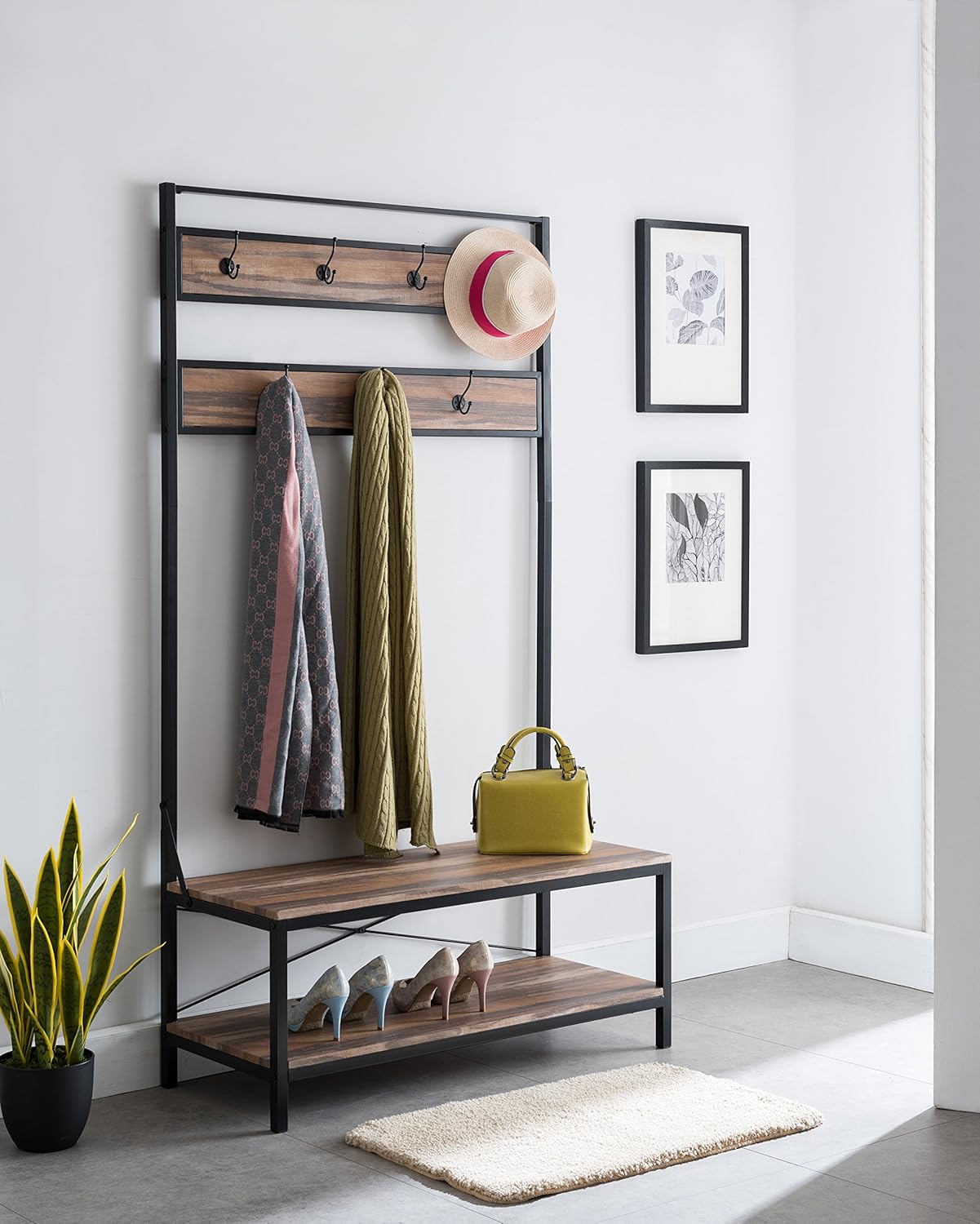 coat rack and shoe bench on Furniture None Weathered Oak Entryway Shoe Bench With Coat Rack Hall Tree Storage Organizer 7 Hooks In Black Metal Finish Home Kitchen