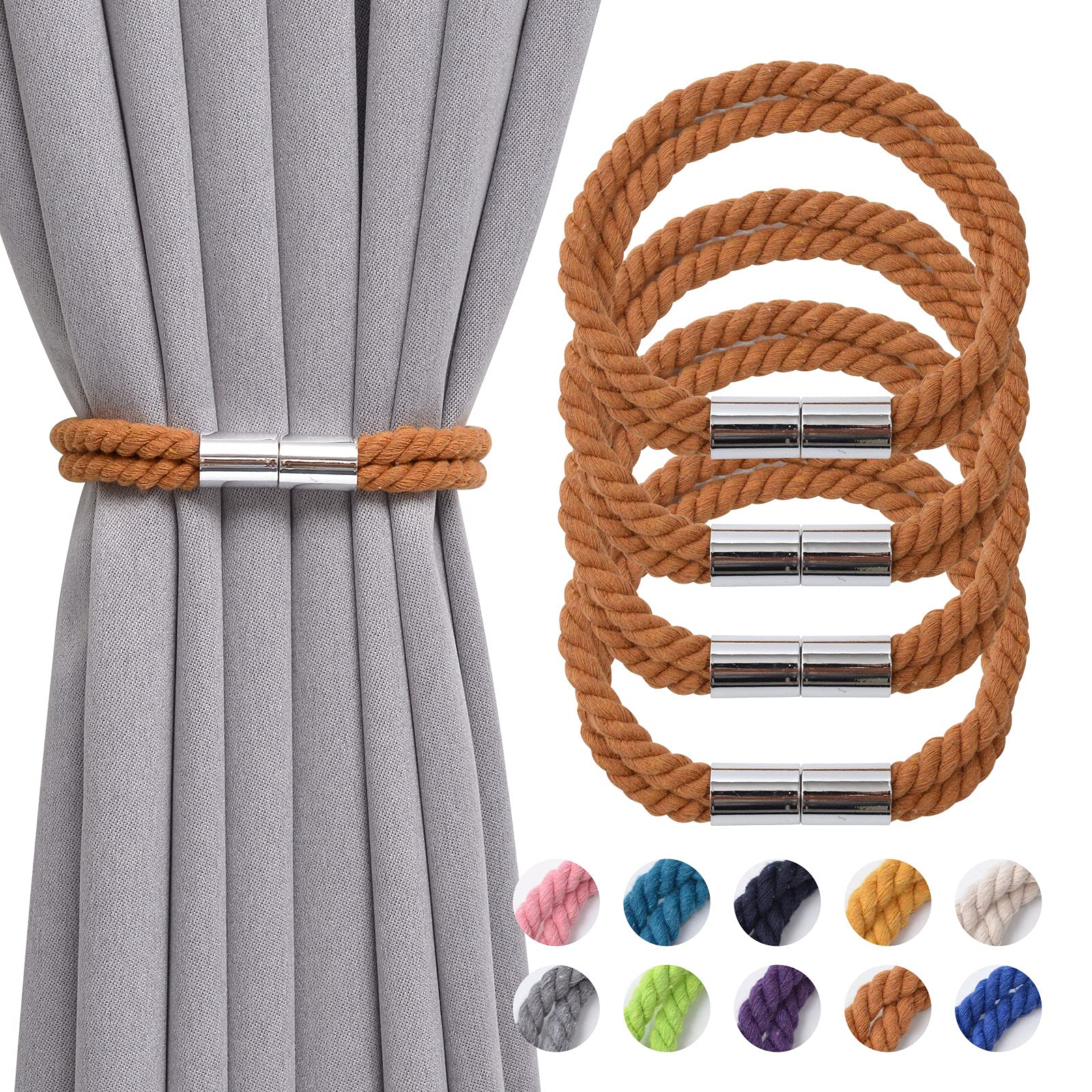 Pretty Jolly 4 Pack Strong Magnetic Curtain Tiebacks Boho Decoration Drape Tie Backs Natural Cotton Handmade Double Rope Curtain Holdbacks for Thin or Thick Home & Office Window Drapery (Coffee)