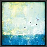 SIGNWIN Framed Canvas Wall Art Birds Flying Over a Blue Ocean and Green Field Landscape Wilderness Oil Painting Abstract Rustic Scenic Dramatic for Living Room, Bedroom, Office - 16x16 inches