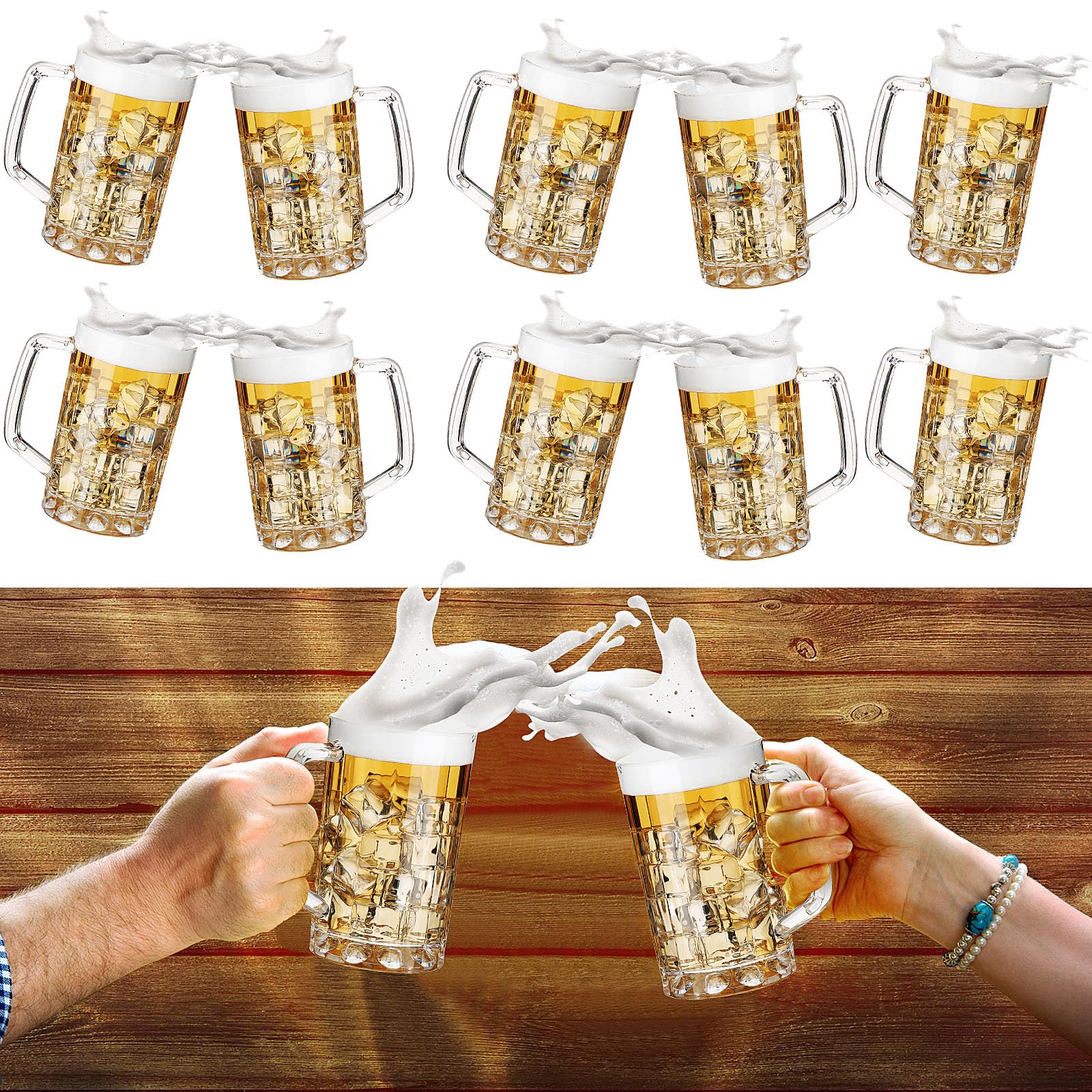 Photo 1 of Mifoci 10 Pcs 12 oz Plastic Beer Mug with Handles Oktoberfest Acrylic Beer Stein Bulk Clear Glasses Drinking Cups for Bar Cocktail Juice Alcohol Soda Party, Dishwasher Safe